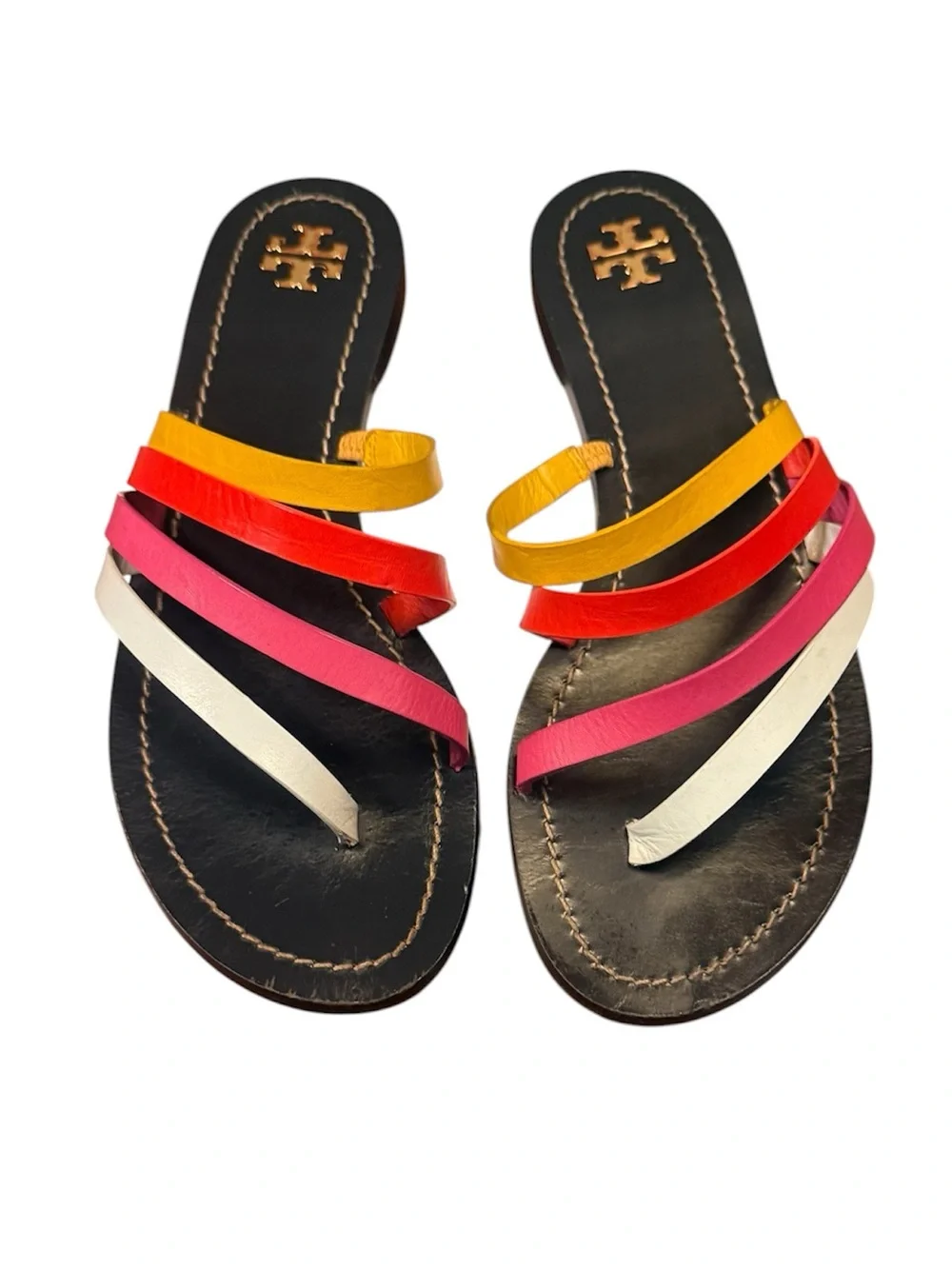 Tory Burch Patos Black Leather Slide Sandals Yellow Red Pink White Strap Size 9
